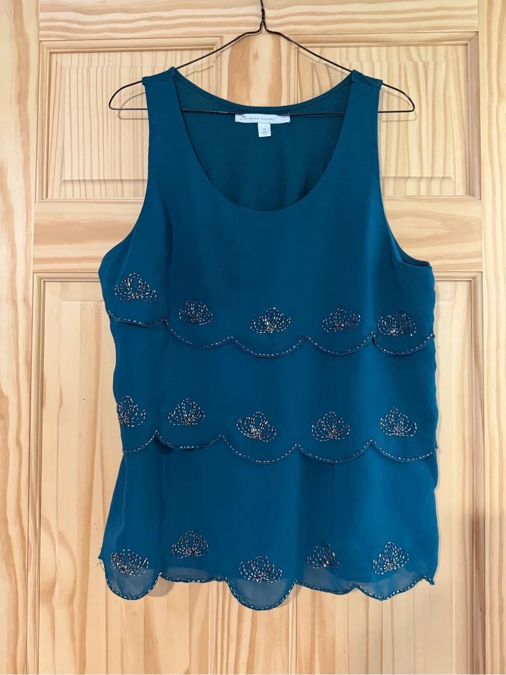LC Lauren Conrad Beaded Sleeveless Tiered Blouse Teal Size XL